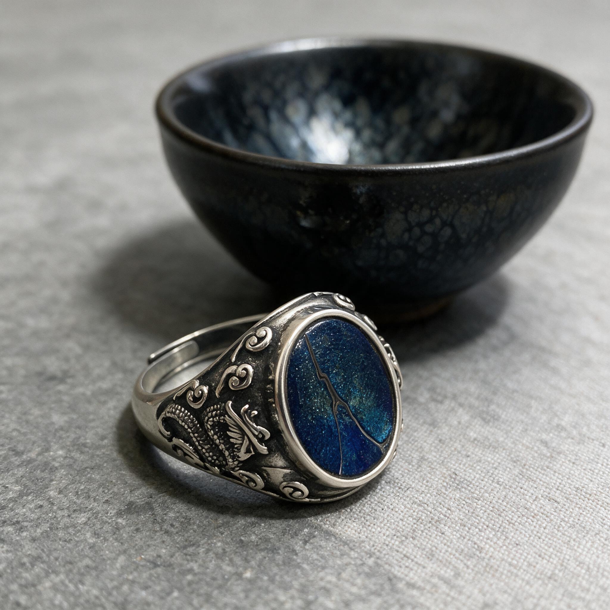 Jianzhan glaze ring beside a hand-built Jianzhan tea bowl