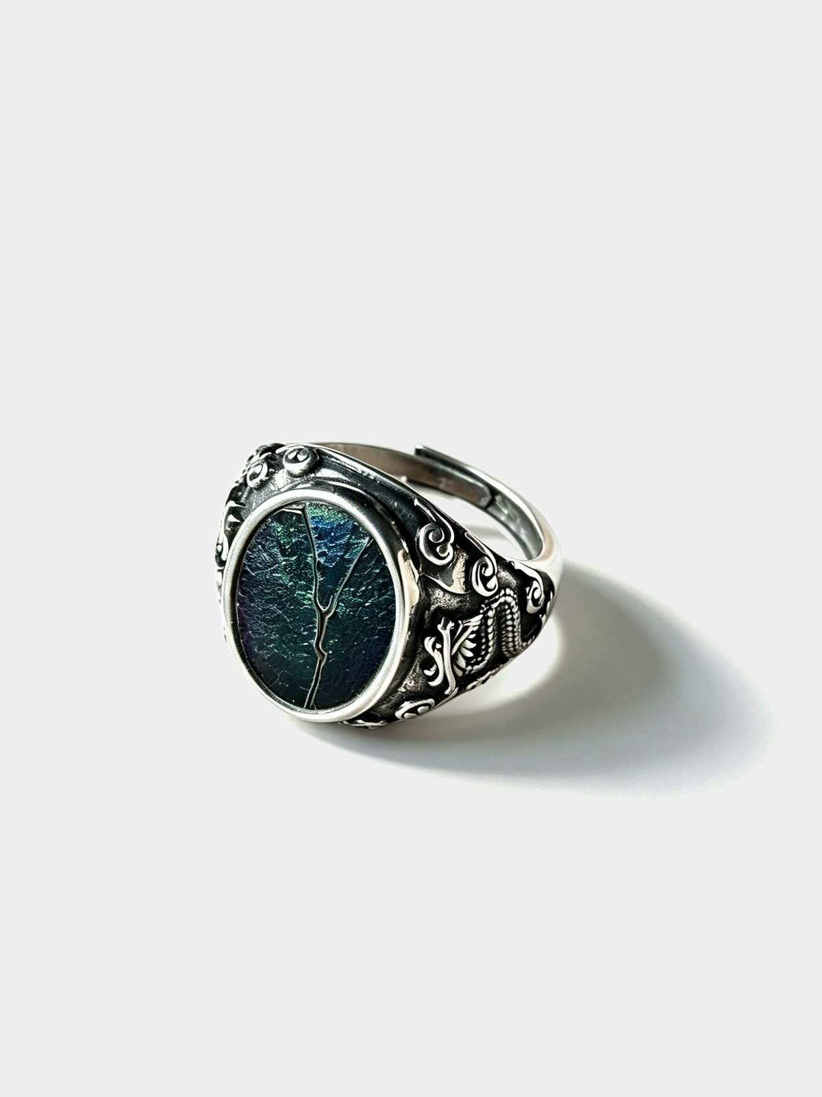Moss grain ring with deep Jianzhan glaze, handcrafted silver band