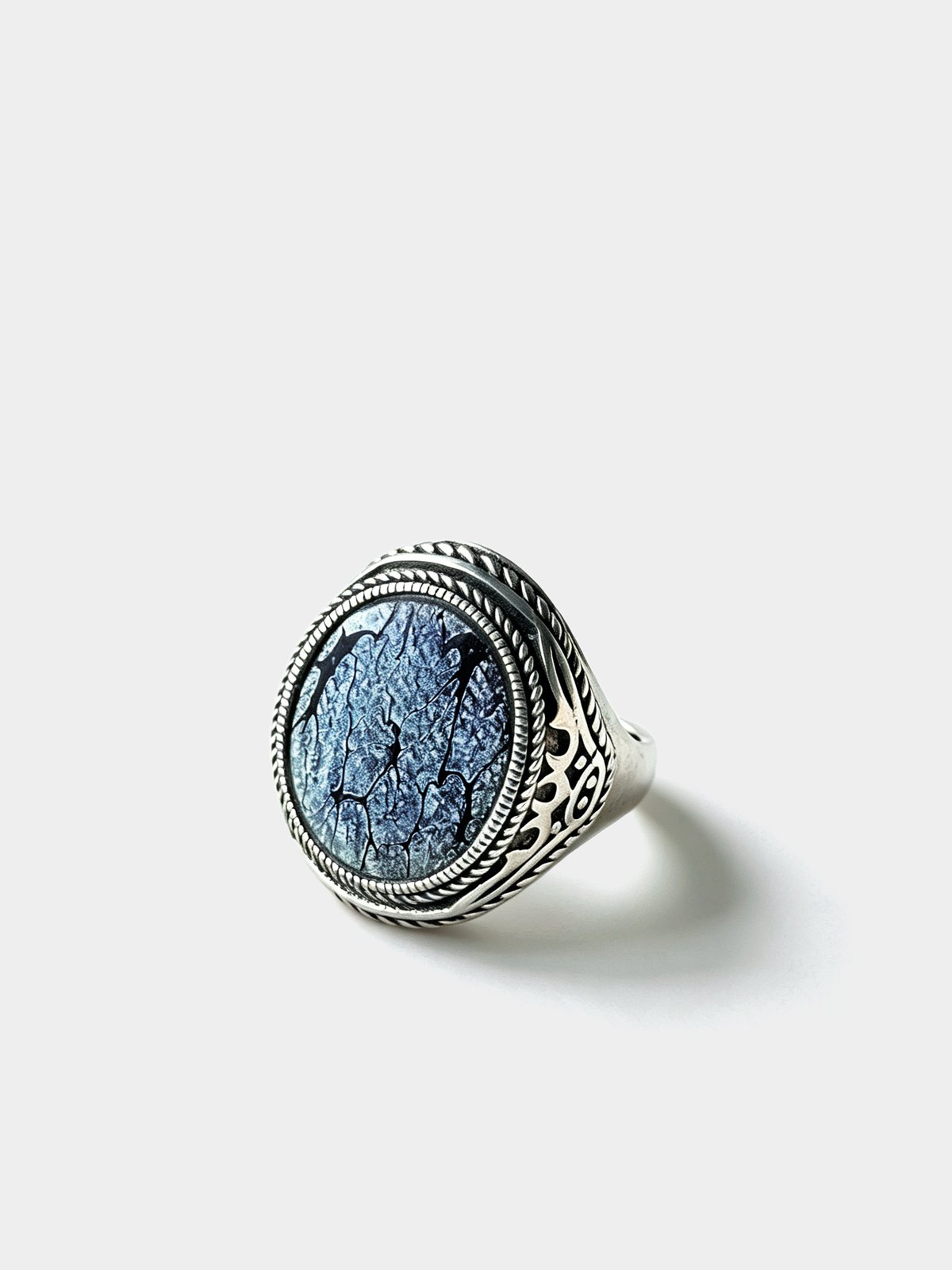 Silver rope band ring with real Jianzhan glaze, handcrafted sterling silver